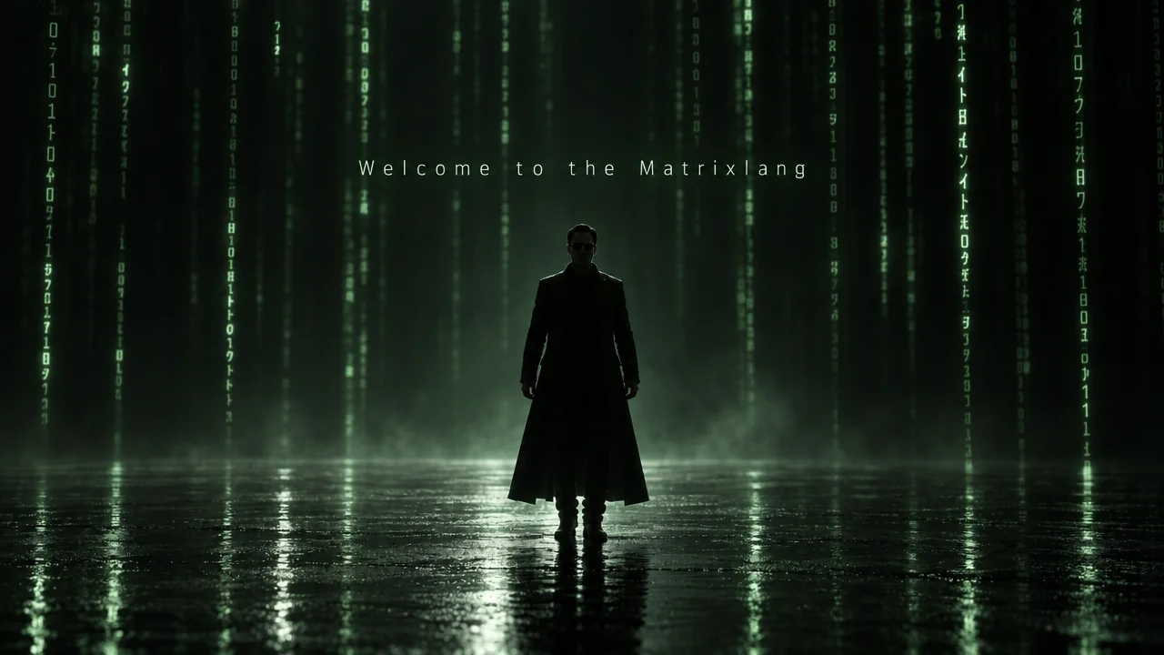 MatrixLang concept scene with green code cascading around a silhouetted figure