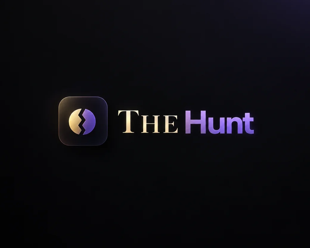 The Hunt logo with a split gold and purple emblem on a dark background